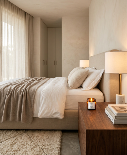 Modern bedroom with a bed, nightstands, and lit candle.