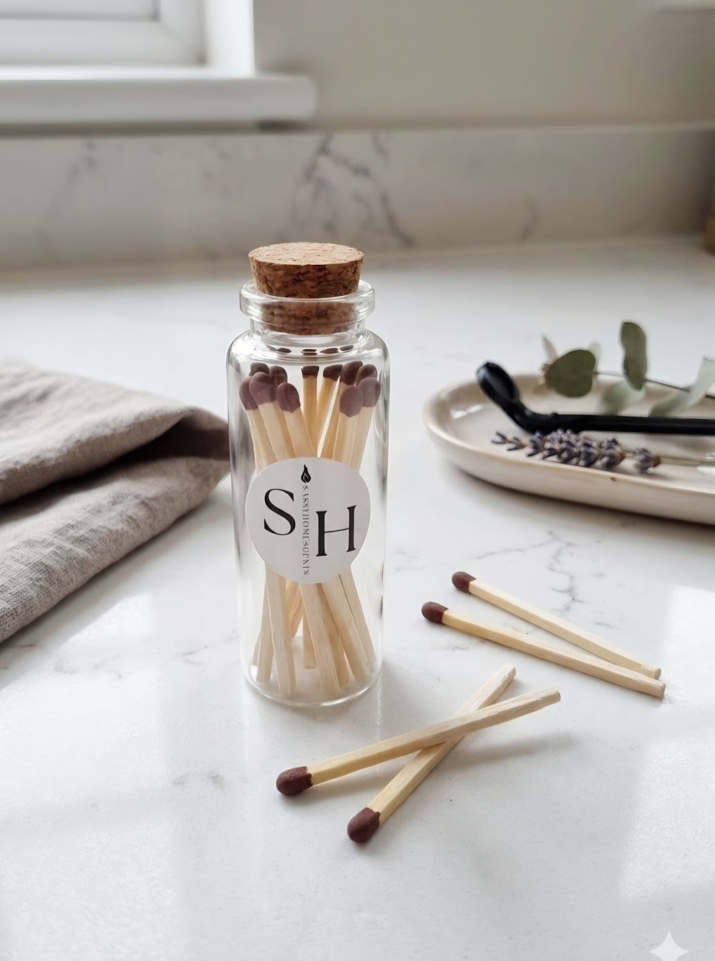 Glass Match Bottle with Cork | Decorative Fireplace & Candle Matches