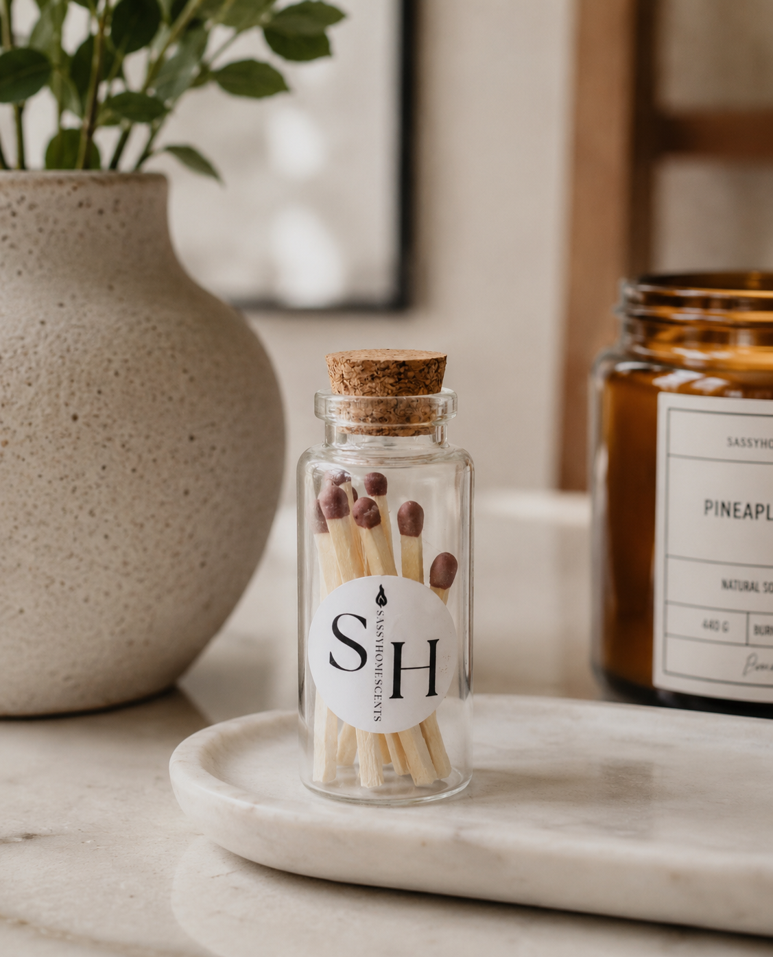 Glass Match Bottle with Cork | Decorative Fireplace & Candle Matches