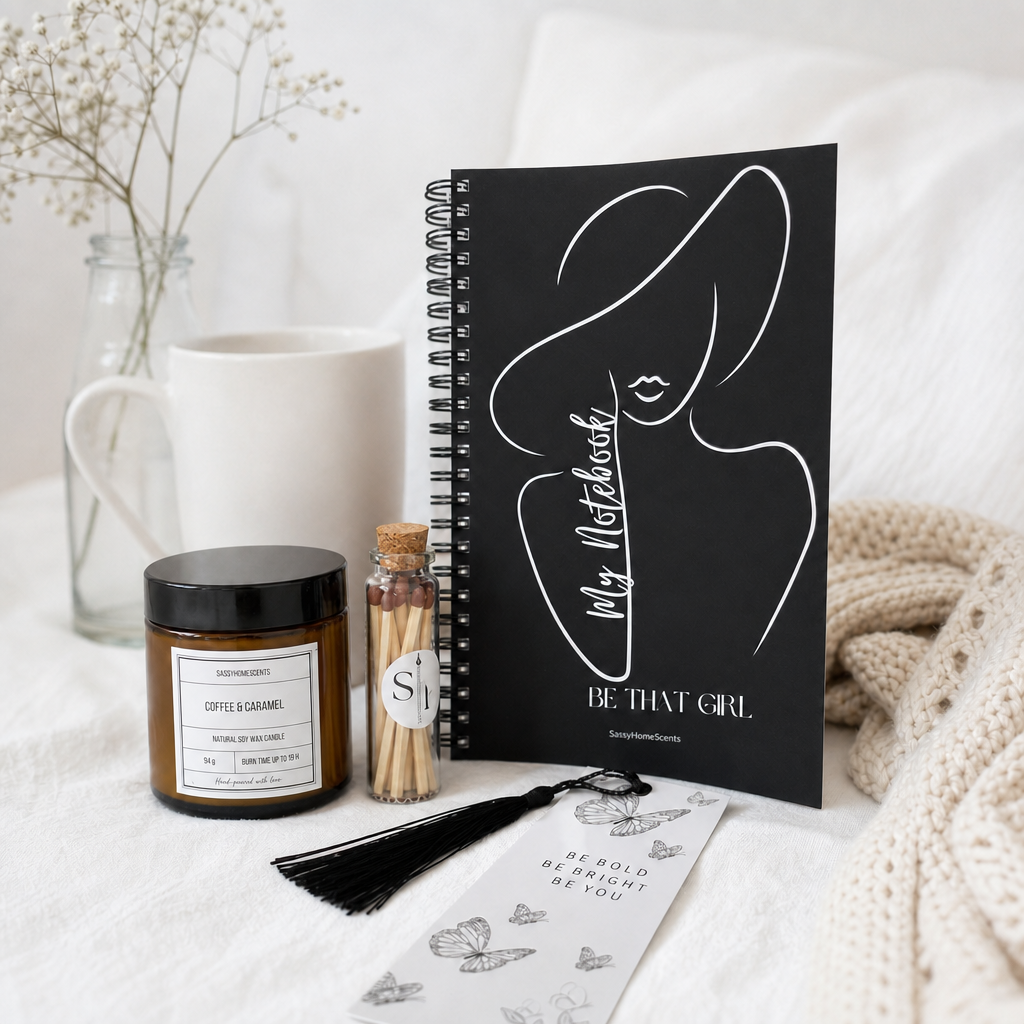 Sassy Self-Care Box – Candle, Notebook, Affirmation Bookmark & Matches | Sassy Home Scents