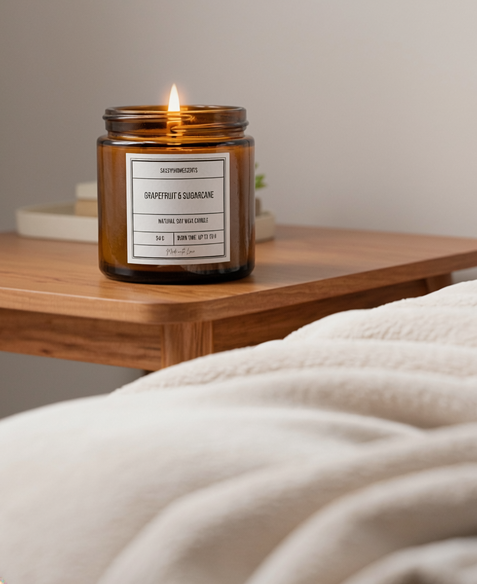 Candle with a label on a wooden surface, with a blurred background
