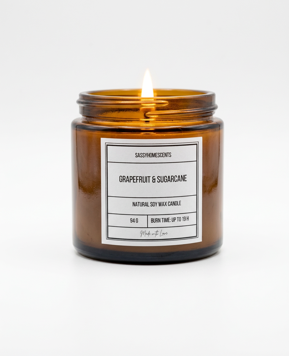 Amber glass candle with a label on a white background