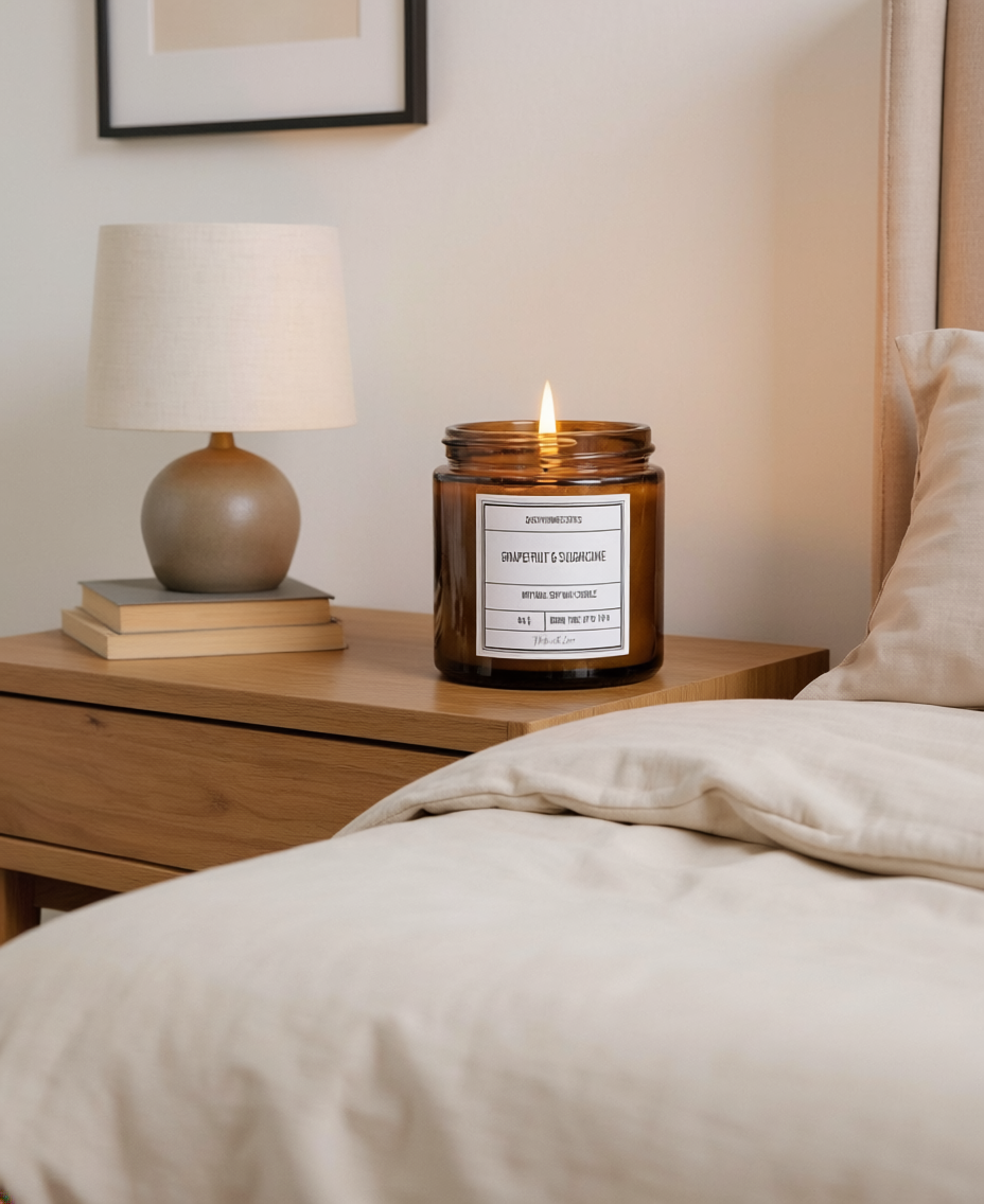 Candle on a nightstand next to a bed with a lamp and books.