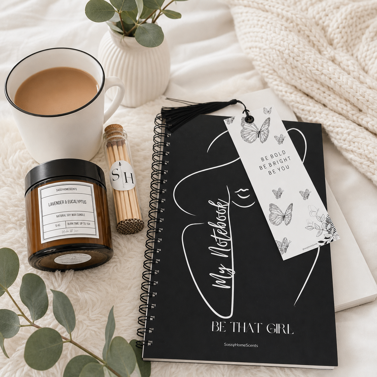 Sassy Self-Care Box – Candle, Notebook, Affirmation Bookmark & Matches | Sassy Home Scents