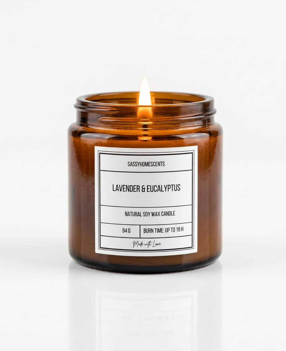 Scented candle in an amber jar with a label on a white background