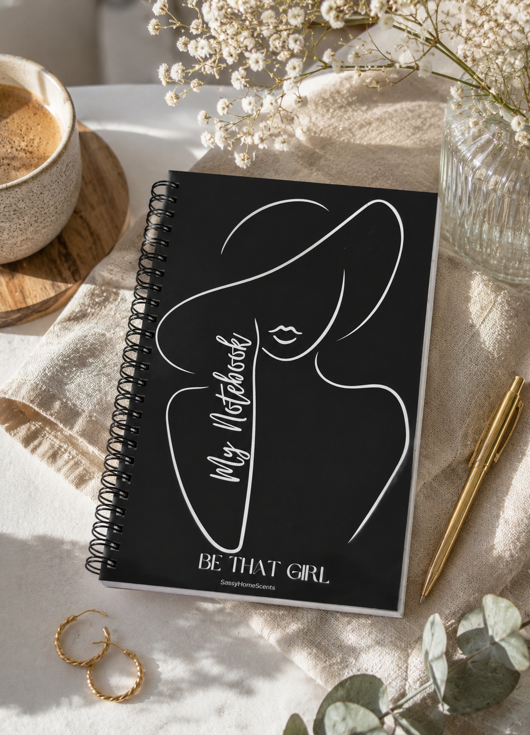 Notebook with a face design and 'My Notebook' text on a table with a cup, pen, and flowers.