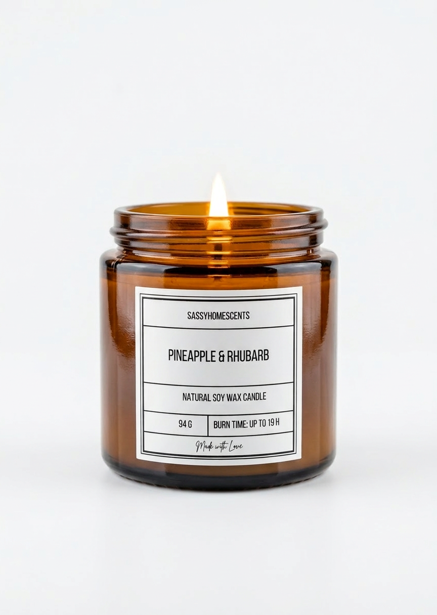 Scented candle in an amber jar with a label on a white background