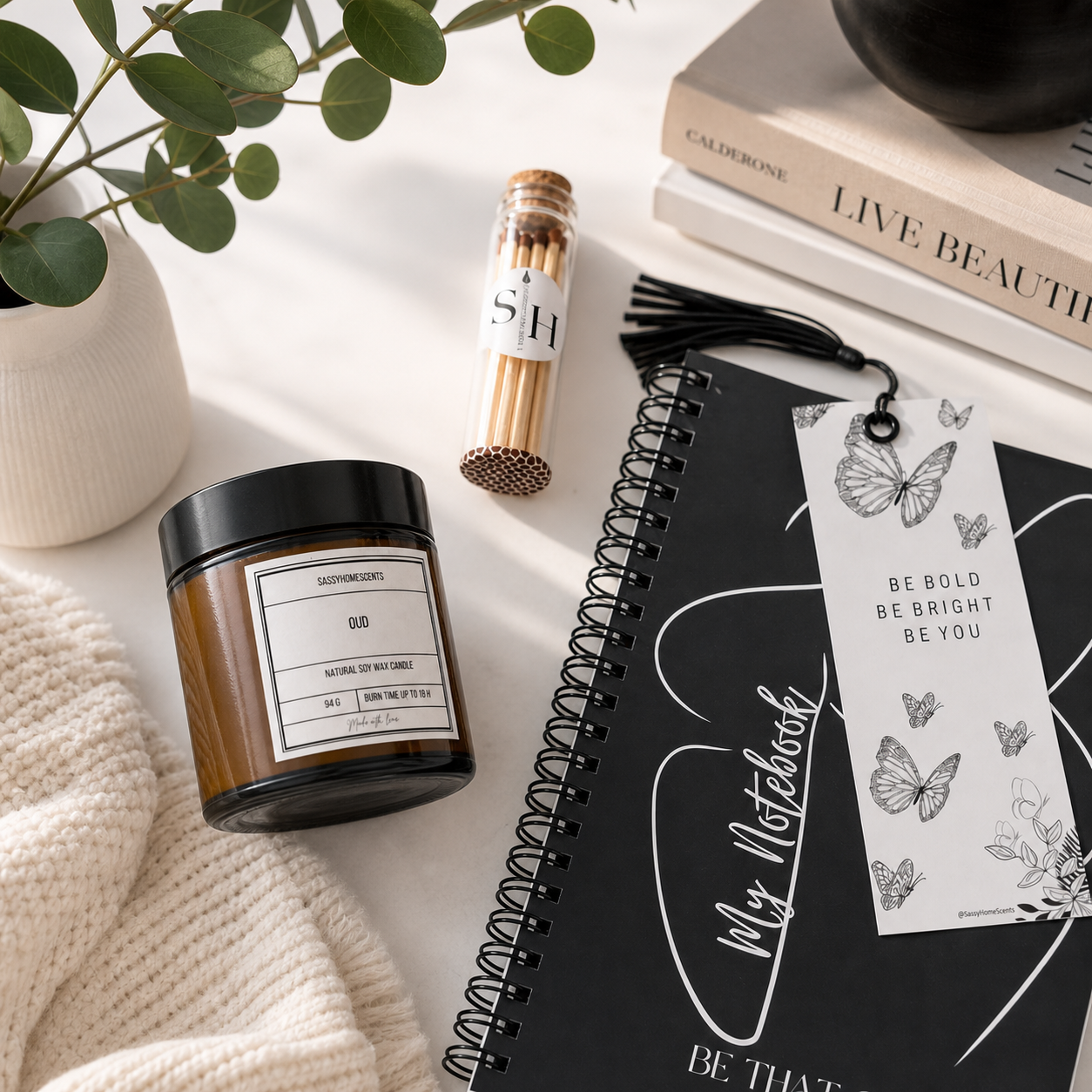 Sassy Self-Care Box – Candle, Notebook, Affirmation Bookmark & Matches | Sassy Home Scents