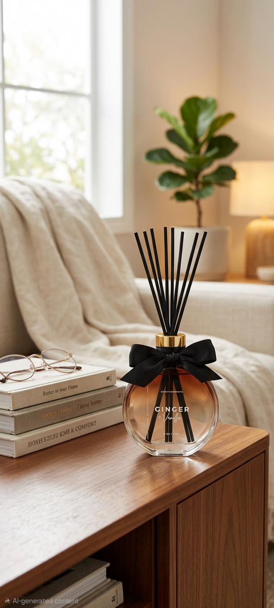 Diffuser bottle with black bow on a wooden surface in a cozy living room.
