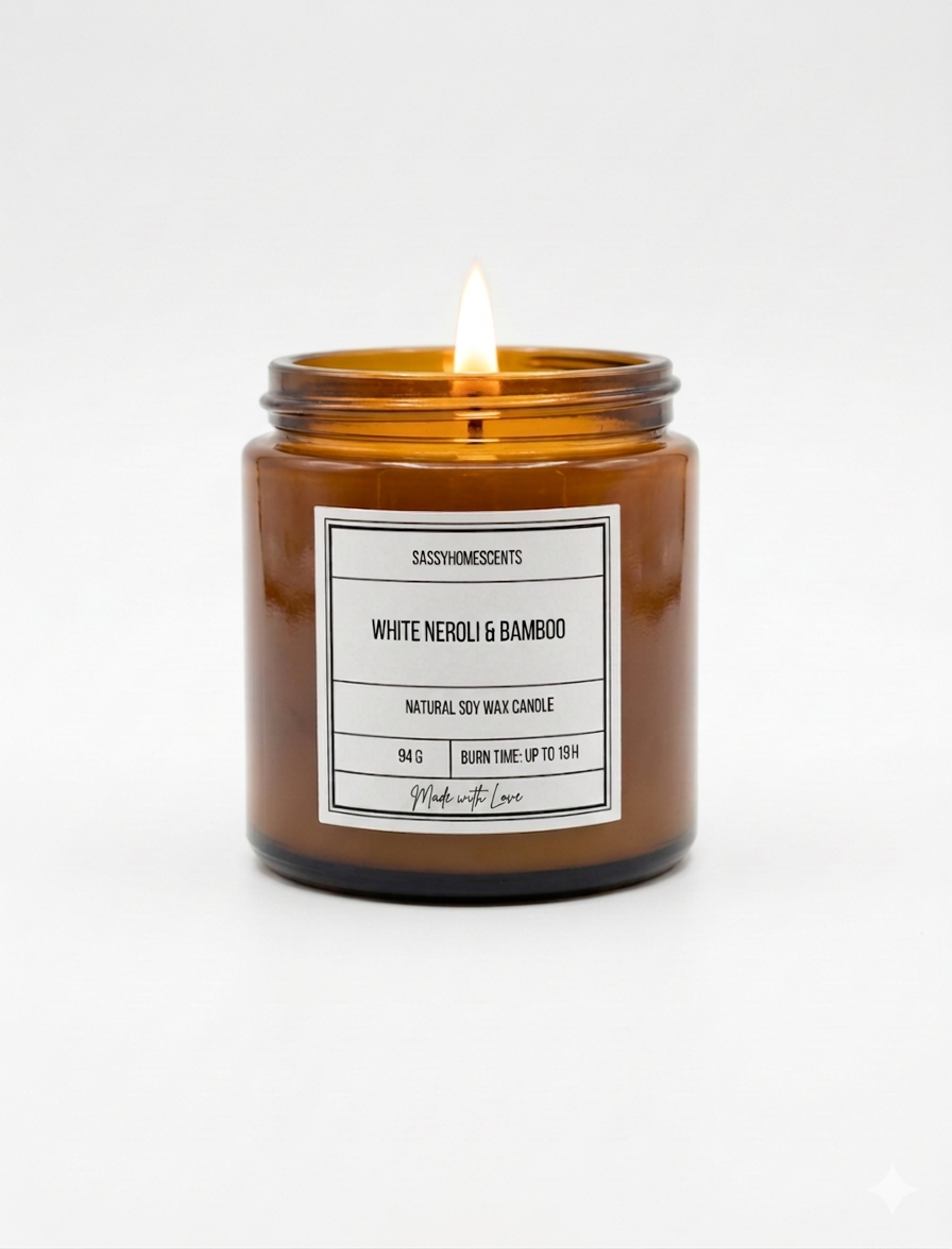 Candle in an amber jar with a label on a white background
